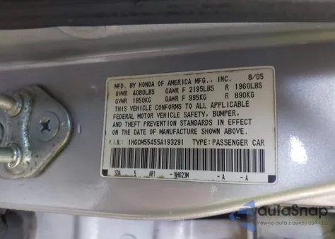 2005 Honda Accord 2.4 Lx from USA, damaged, VIN 1HGCM55455A193291